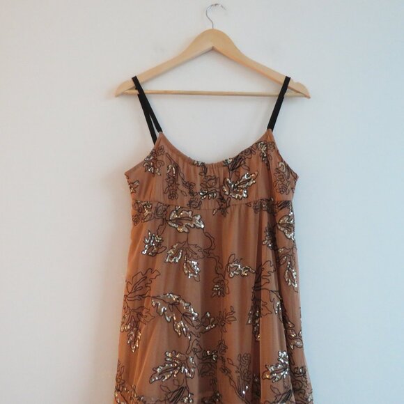 BY ANTHROPOLOGIE Sequined Tulle Midi Dress in Tan Peach Tiered Boho - Size S NWT - Picture 4 of 16